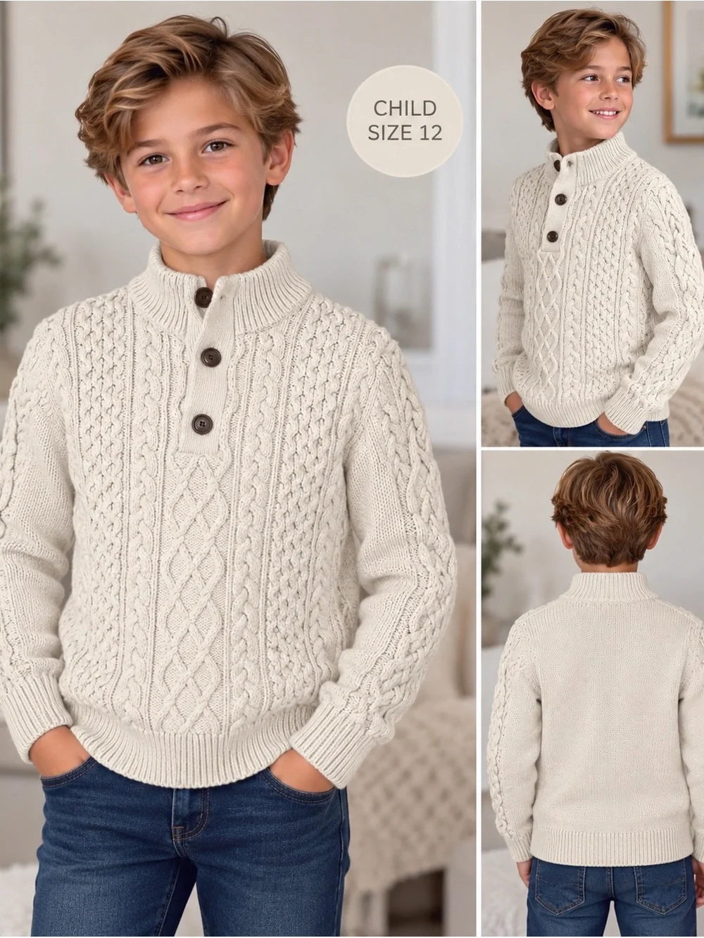 Gap Kids Cable-Knit Mockneck Sweater,Sz 12 (XL) Beige Button-Up Pullover Sweater